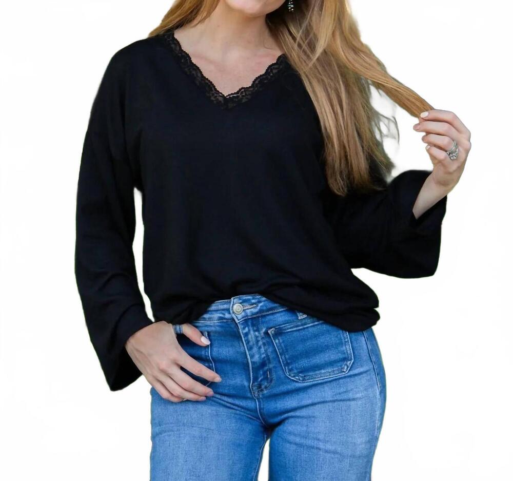 NEW GRACE + EMMA women's ultra soft lace detail top in black